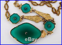 Vintage Art Deco Czech Brass, Chrysoprase Green Glass. And Enamel Necklace