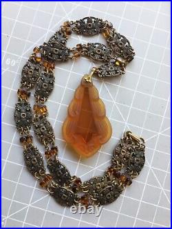 Vintage Art Deco Czech Brass and Orange Glass Huge Pendant? Necklace XL 28 72g