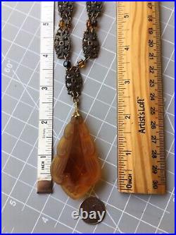 Vintage Art Deco Czech Brass and Orange Glass Huge Pendant? Necklace XL 28 72g