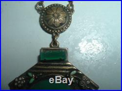 Vintage Art Deco Czech Chrysoprase Green Glass. And Enamel Brass Necklace