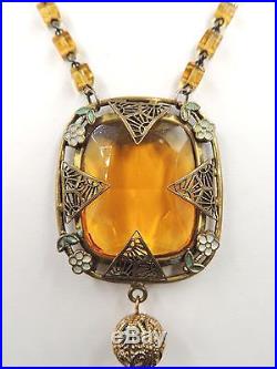 Vintage Art Deco Czech Cut Glass Golden Topaz Amber Clr Necklace Filigree Enamel