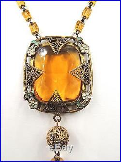Vintage Art Deco Czech Cut Glass Golden Topaz Amber Clr Necklace Filigree Enamel