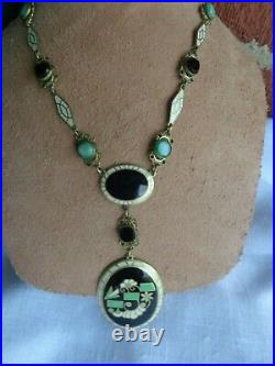 Vintage Art Deco Czech Era Black Green Enamel Faux Jade Black Glass Necklace