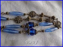 Vintage Art Deco Czech Era Blue Crystal Filigree Sautoir Opera Flapper Necklace