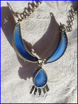 Vintage Art Deco Czech Era Blue Glass Crescent Moon Cab Rhinestone Necklace