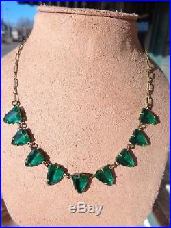 Vintage Art Deco Czech Era Emerald Green Faceted Open Back Crystal Necklace