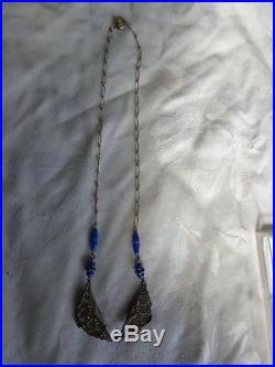 Vintage Art Deco Czech Era Lapis Blue Glass Stones Beaded Mounting Necklace
