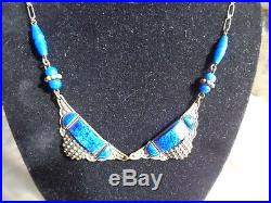 Vintage Art Deco Czech Era Lapis Blue Glass Stones Beaded Mounting Necklace