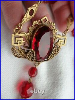 Vintage Art Deco Czech Era Red Crystal Filigree Sautoir Opera Flapper Necklace