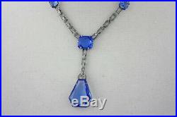 Vintage Art Deco Czech Faceted Blue Glass Rhodium Silver Necklace Pendant Lariat