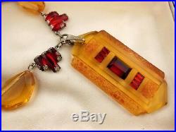 Vintage Art Deco Czech French Red Amber Glass Crystal Step Pendant Necklace