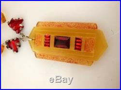 Vintage Art Deco Czech French Red Amber Glass Crystal Step Pendant Necklace