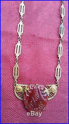 Vintage Art Deco Czech Glass Gold Gilt Brass Pendant Necklace