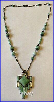 Vintage Art Deco Czech Green Bead & Rhinestone Pendant Necklace Nh5