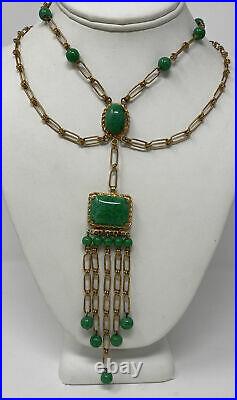 Vintage Art Deco Czech Green Mottled Peking Glass Festoon Collar Necklace