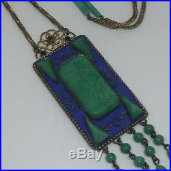 Vintage Art Deco Czech Green glass & blue enamel & blue paste necklace