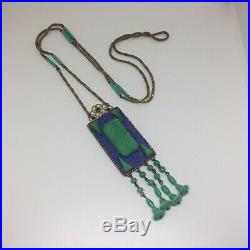 Vintage Art Deco Czech Green glass & blue enamel & blue paste necklace
