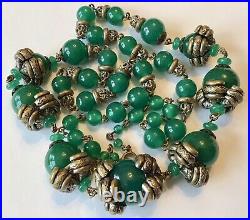 Vintage Art Deco Czech Gripoix Chunky Green Glass Bead Necklace