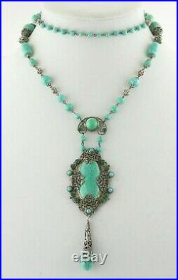 Vintage Art Deco Czech Peking Art Glass Silver Brass Filigree Necklace 30 RARE