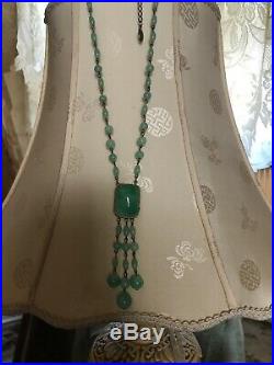Vintage Art Deco Czech Peking Glass Necklace Sautoir Green