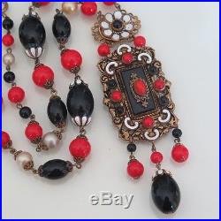 Vintage Art Deco Czech Red Glass Enamel Dangle Pendant Necklace