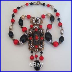 Vintage Art Deco Czech Red Glass Enamel Dangle Pendant Necklace