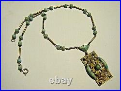 Vintage Art Deco Czech Turquoise Peking Glass Brass Filigree Collar Necklace 17