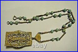Vintage Art Deco Czech Turquoise Peking Glass Brass Filigree Collar Necklace 17