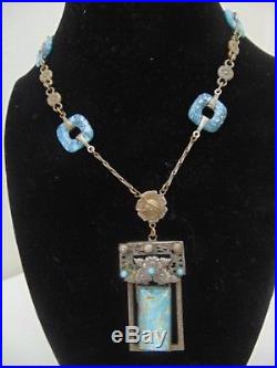 Vintage Art Deco Czech Turquoise Stone & Brass Filigee Pendent Necklace