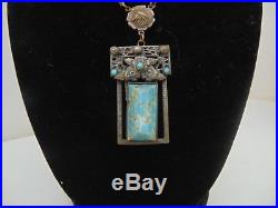 Vintage Art Deco Czech Turquoise Stone & Brass Filigee Pendent Necklace