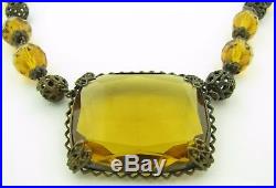Vintage Art Deco Czechoslovakia Czech Signed Amber Glass Pendant Necklace