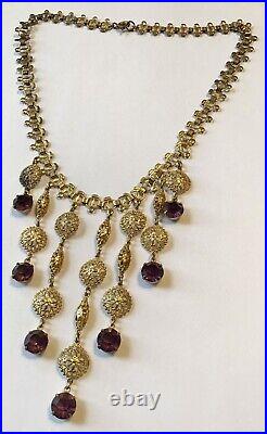 Vintage Art Deco Dangle Purple Rhinestone And Filigree Bookchain Necklace