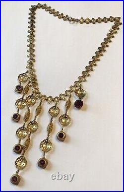 Vintage Art Deco Dangle Purple Rhinestone And Filigree Bookchain Necklace
