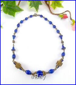 Vintage Art Deco Dark Blue Peking Glass Czech Neiger Style Necklace