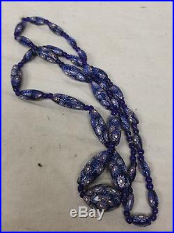 Vintage Art Deco Dark blue Glass Bead Necklace Venetian Murano Millefiori