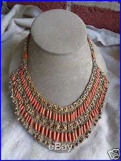 Vintage Art Deco Egyptian Revival Cleopatra Natural Coral Bib Collar Necklace