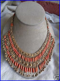 Vintage Art Deco Egyptian Revival Cleopatra Natural Coral Bib Collar Necklace