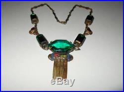 Vintage Art Deco Egyptian Revival Green Glass & Rhinestone Enamel Brass Necklace