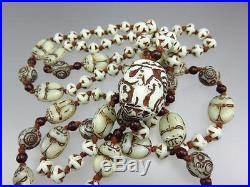 Vintage Art Deco Egyptian Revival Max Neiger White Glass Scarab Bead Necklace