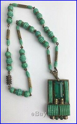 Vintage Art Deco Egyptian Revival Necklace Czech Peking Glass Green Enamel Brass
