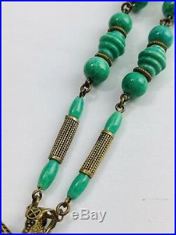 Vintage Art Deco Egyptian Revival Necklace Czech Peking Glass Green Enamel Brass