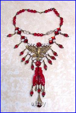 Vintage Art Deco Egyptian Revival Red Czech Glass Beaded Cicada Pendant Necklace