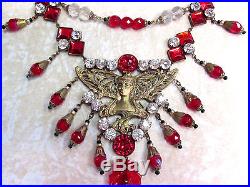 Vintage Art Deco Egyptian Revival Red Czech Glass Beaded Cicada Pendant Necklace