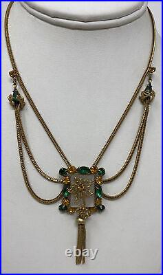 Vintage Art Deco Emerald Green Topaz Rhinestone Festoon Swag Necklace