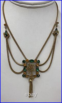 Vintage Art Deco Emerald Green Topaz Rhinestone Festoon Swag Necklace