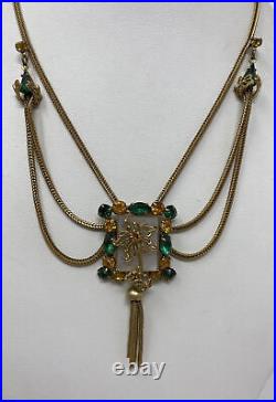 Vintage Art Deco Emerald Green Topaz Rhinestone Festoon Swag Necklace