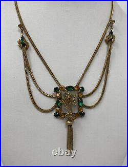 Vintage Art Deco Emerald Green Topaz Rhinestone Festoon Swag Necklace