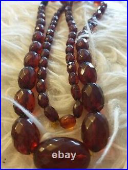 Vintage Art Deco Faceted Cherry Amber Bakelite Bead Long Necklace 34 grams
