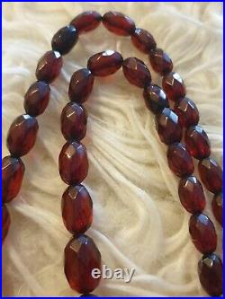Vintage Art Deco Faceted Cherry Amber Bakelite Bead Long Necklace 34 grams