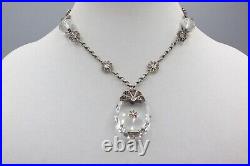 Vintage Art Deco Faceted Crystal Drop Silver Filigree Pendant Choker Necklace